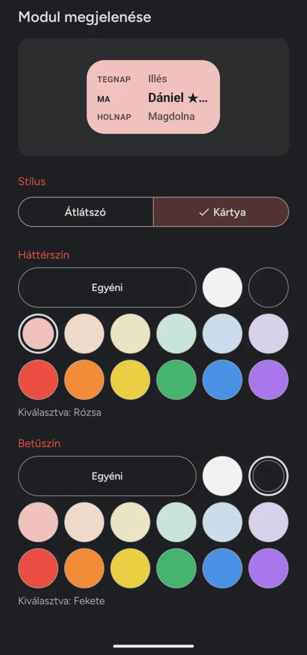 A modul megjelenése: átlátszó vagy kártya, háttérszín és betűszín.